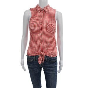 C&C California Womens Cropped Sleeveless Button-Up Check Cotton Red Size S